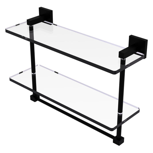 Allied Brass Montero 16" x 5.7" Matte Black Solid Brass Two-Tiered Glass Shelf With Integrated Towel Bar