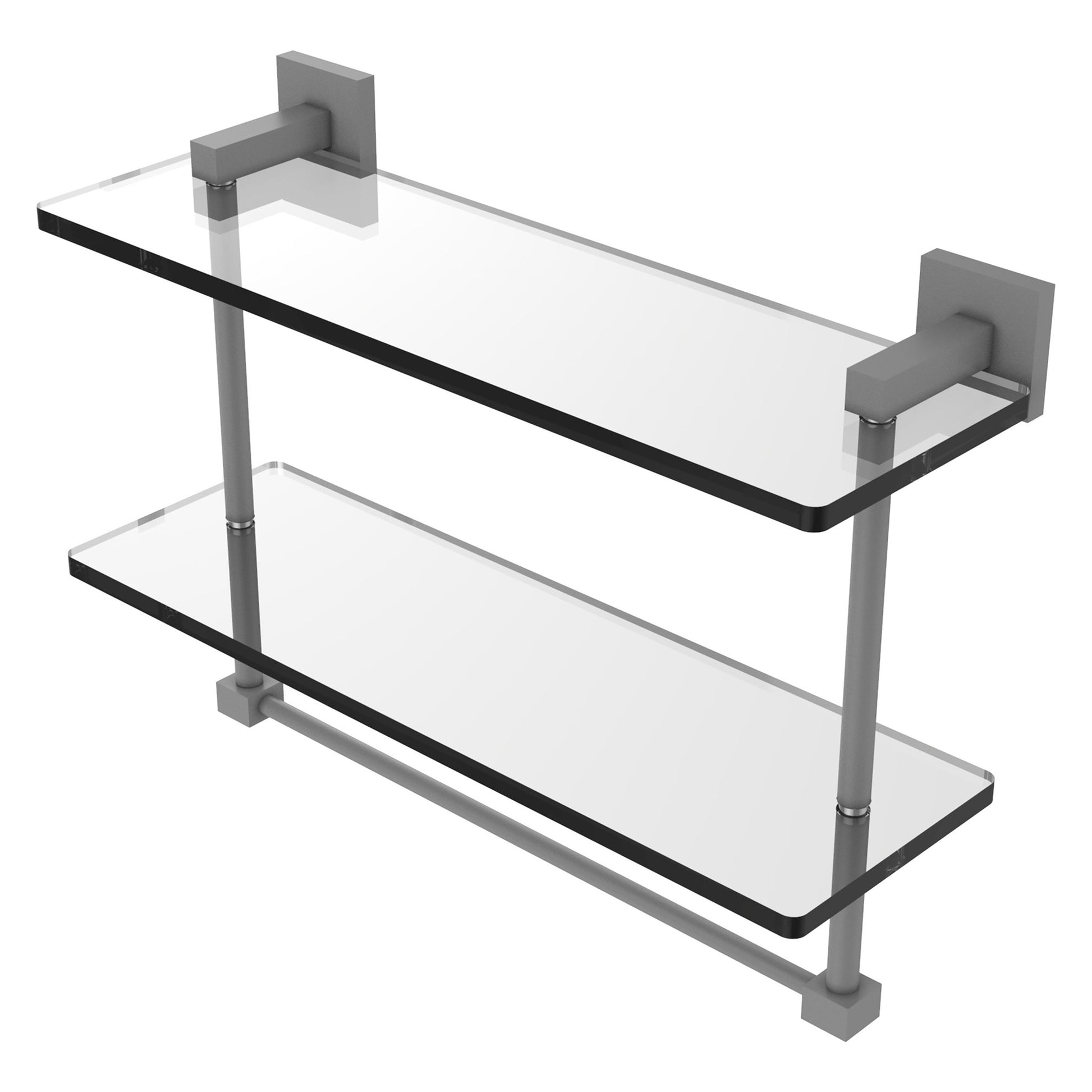 Allied Brass Montero 16" x 5.7" Matte Gray Solid Brass Two-Tiered Glass Shelf With Integrated Towel Bar