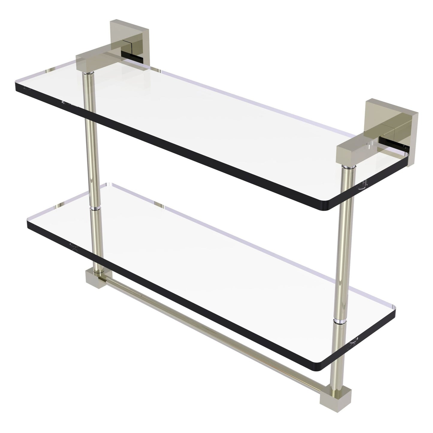 Allied Brass Montero 16" x 5.7" Polished Nickel Solid Brass Two-Tiered Glass Shelf With Integrated Towel Bar