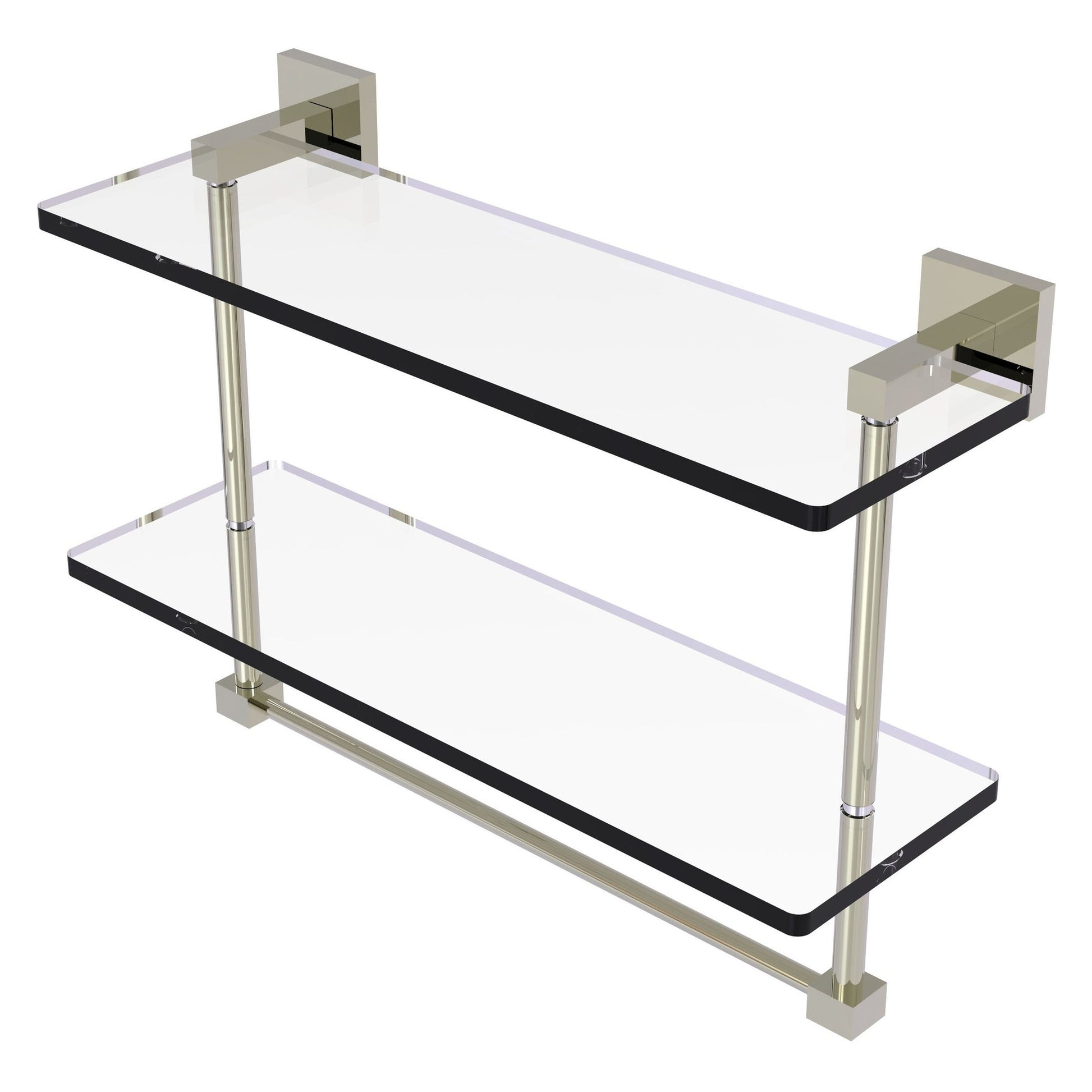 Allied Brass Montero 16" x 5.7" Polished Nickel Solid Brass Two-Tiered Glass Shelf With Integrated Towel Bar