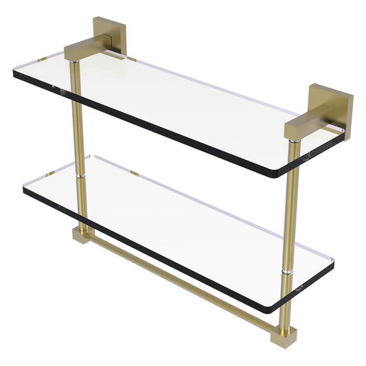 Allied Brass Montero 16" x 5.7" Satin Brass Solid Brass Two-Tiered Glass Shelf With Integrated Towel Bar
