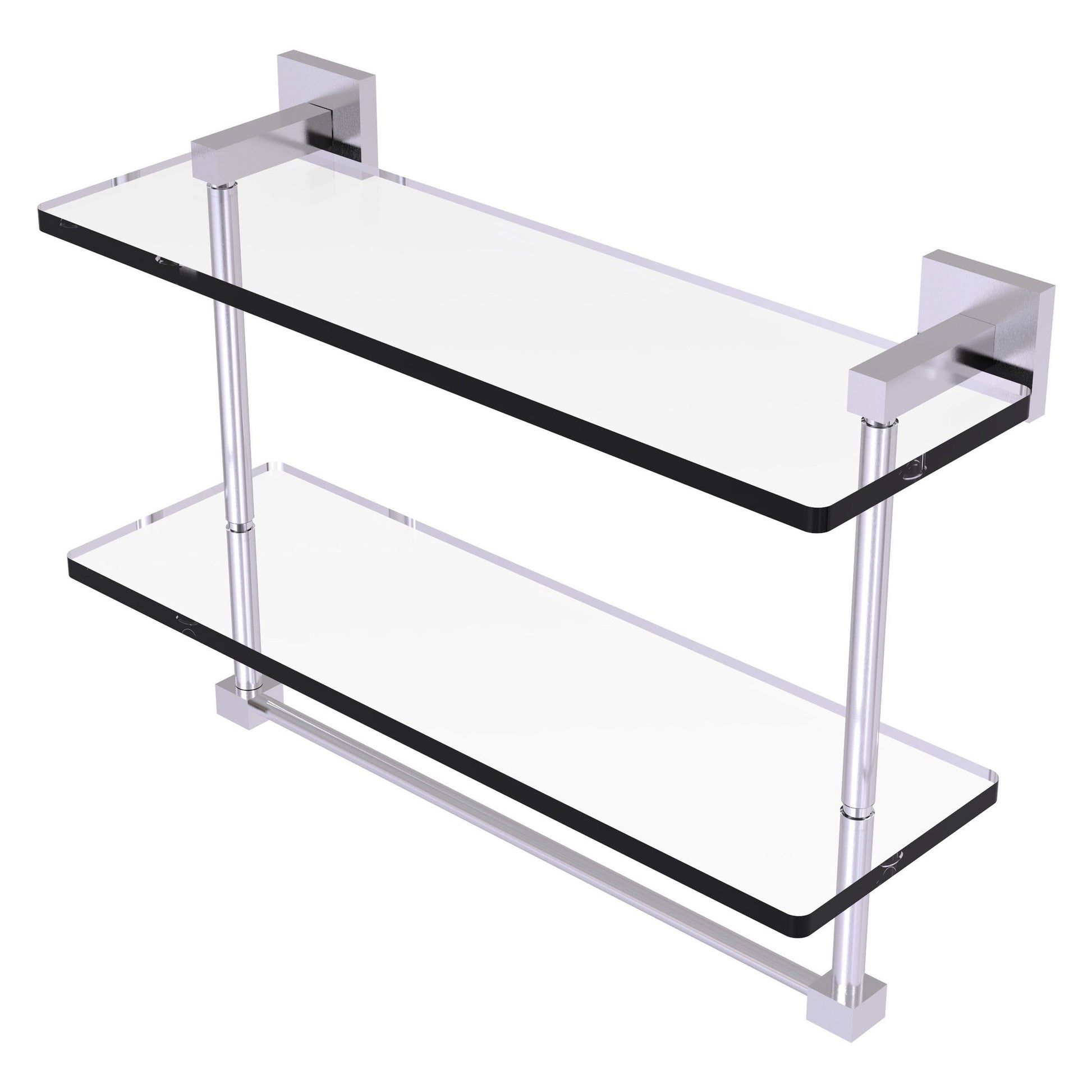 Allied Brass Montero 16" x 5.7" Satin Chrome Solid Brass Two-Tiered Glass Shelf With Integrated Towel Bar