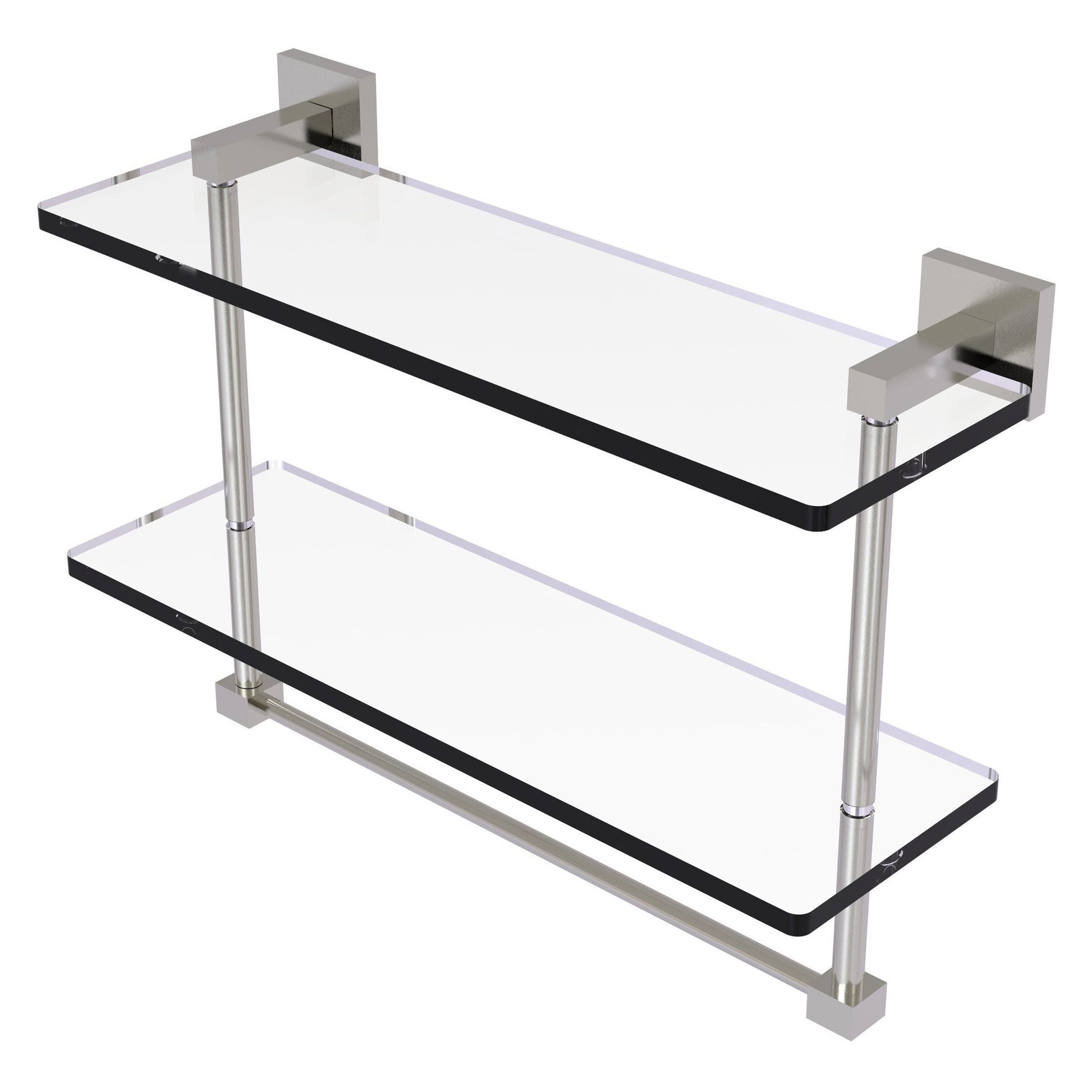 Allied Brass Montero 16" x 5.7" Satin Nickel Solid Brass Two-Tiered Glass Shelf With Integrated Towel Bar
