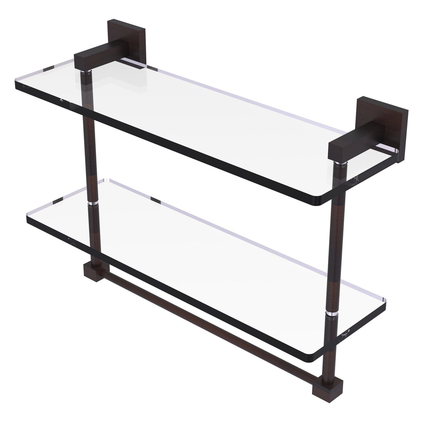 Allied Brass Montero 16" x 5.7" Venetian Bronze Solid Brass Two-Tiered Glass Shelf With Integrated Towel Bar