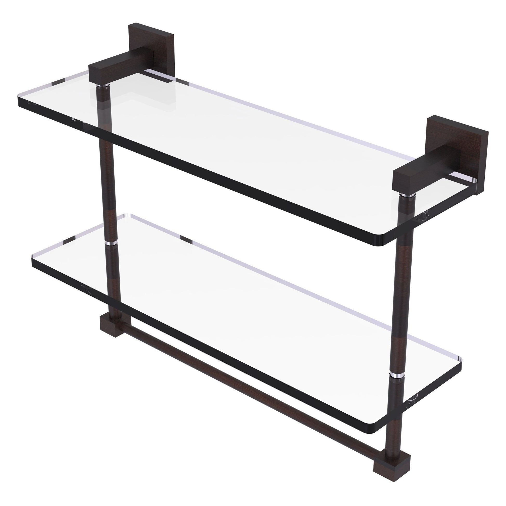Allied Brass Montero 16" x 5.7" Venetian Bronze Solid Brass Two-Tiered Glass Shelf With Integrated Towel Bar