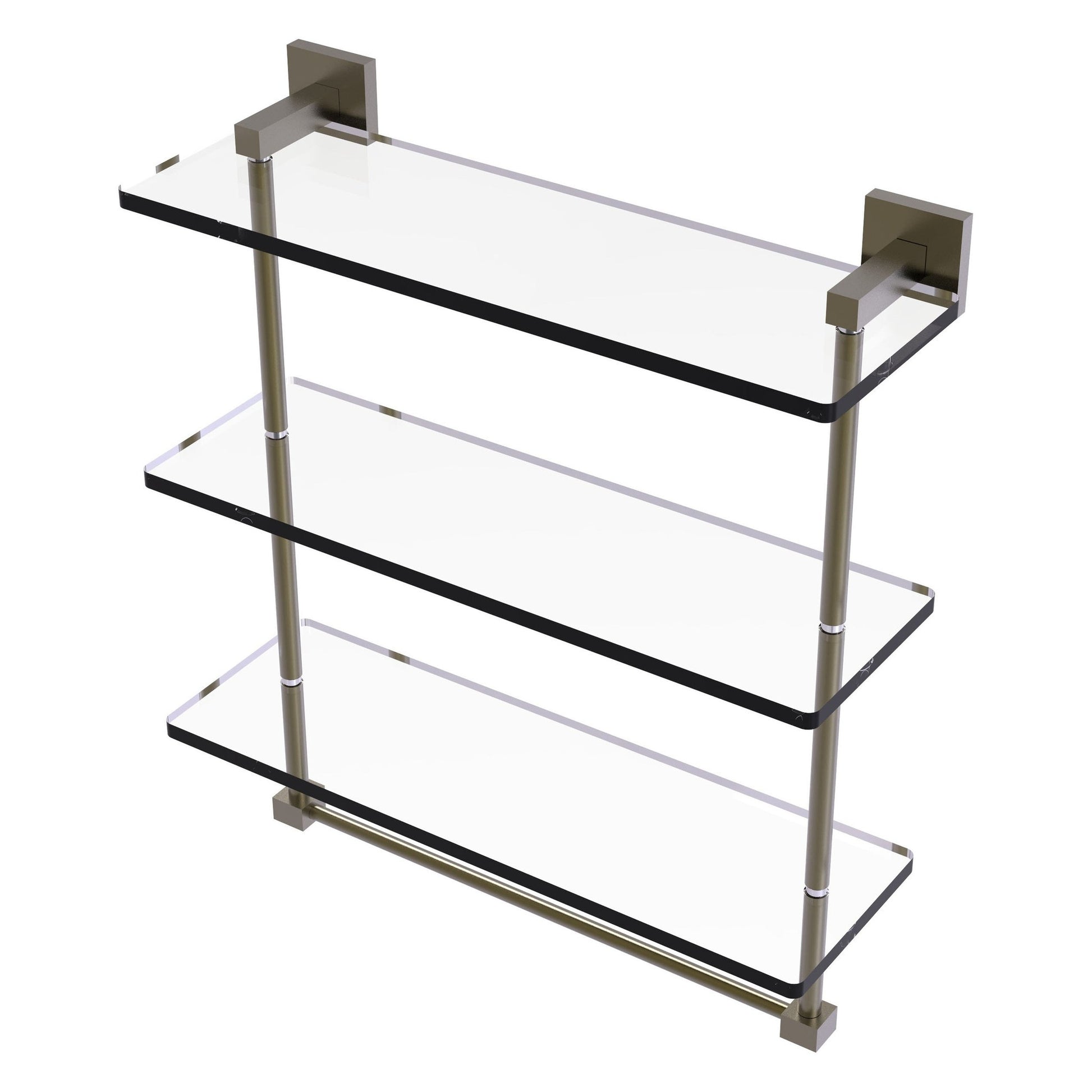 Allied Brass Montero 16" x 6.2" Antique Brass Solid Brass Triple-Tiered Glass Shelf With Integrated Towel Bar