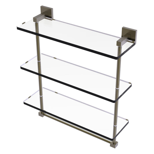 Allied Brass Montero 16" x 6.2" Antique Brass Solid Brass Triple-Tiered Glass Shelf With Integrated Towel Bar