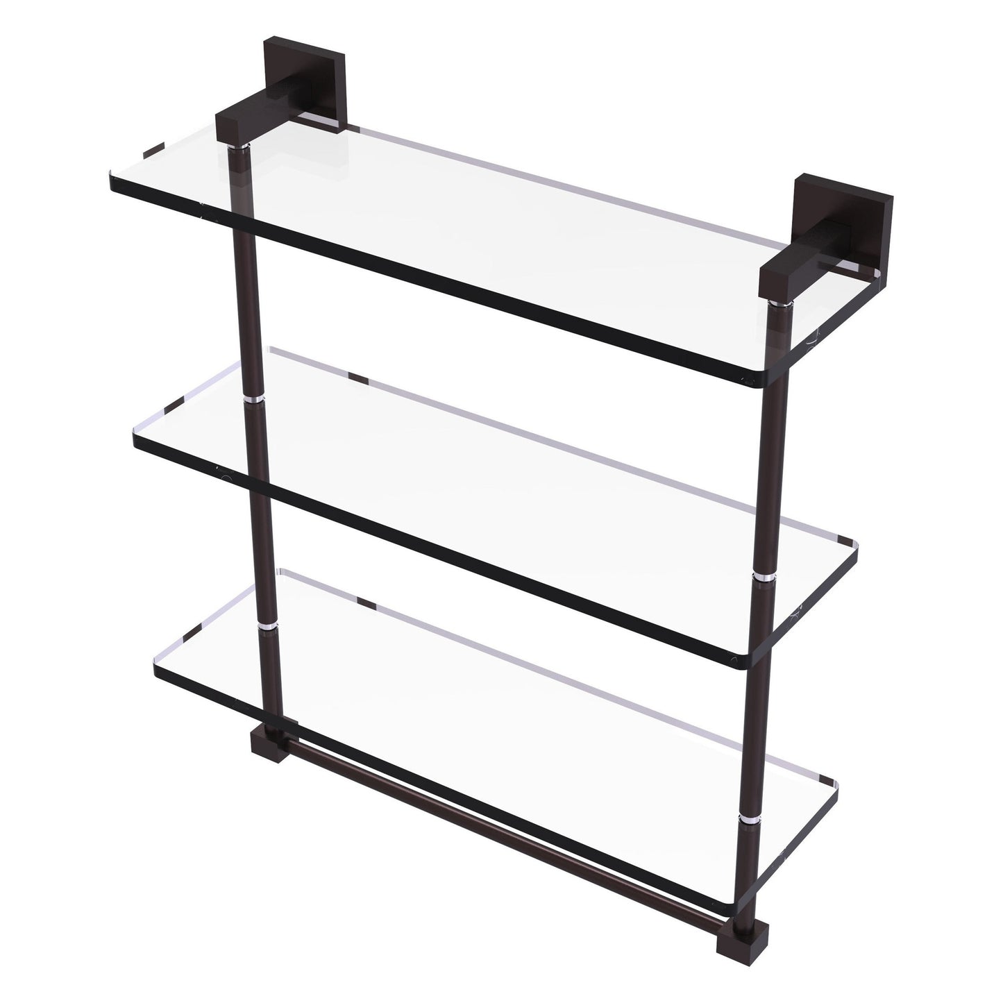 Allied Brass Montero 16" x 6.2" Antique Bronze Solid Brass Triple-Tiered Glass Shelf With Integrated Towel Bar