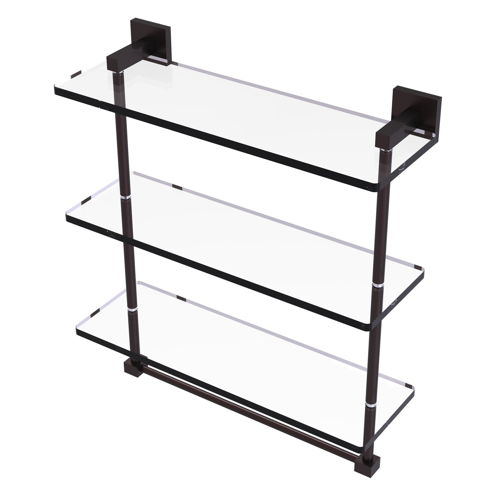 Allied Brass Montero 16" x 6.2" Antique Bronze Solid Brass Triple-Tiered Glass Shelf With Integrated Towel Bar