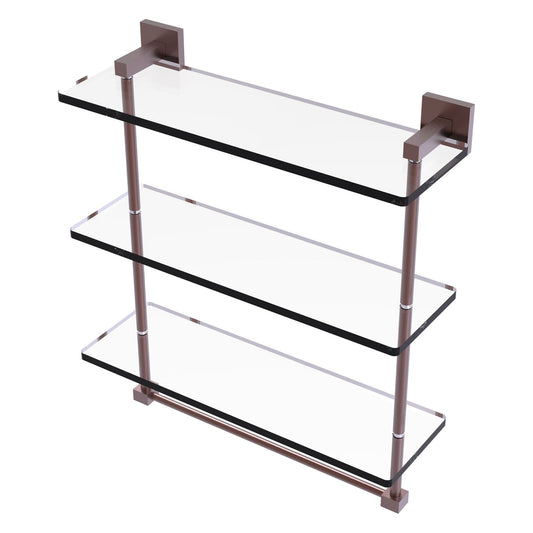 Allied Brass Montero 16" x 6.2" Antique Copper Solid Brass Triple-Tiered Glass Shelf With Integrated Towel Bar