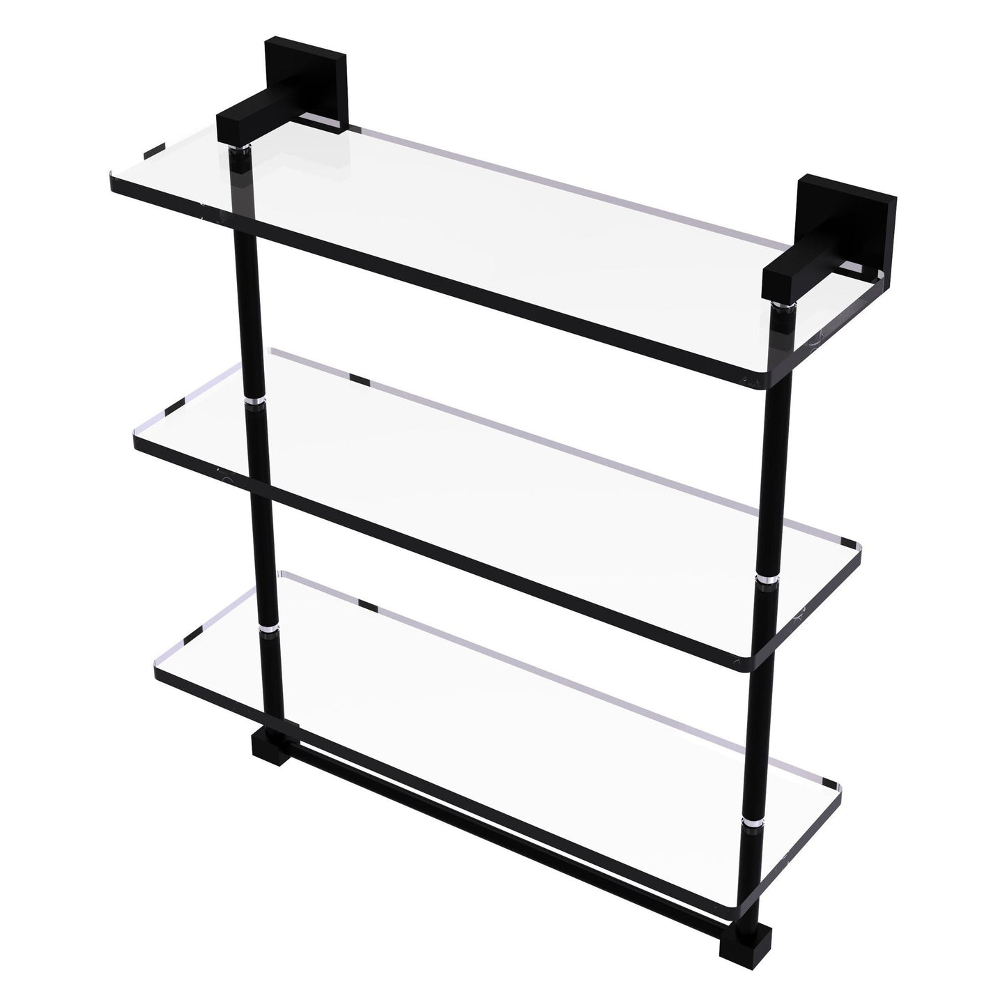 Allied Brass Montero 16" x 6.2" Matte Black Solid Brass Triple-Tiered Glass Shelf With Integrated Towel Bar