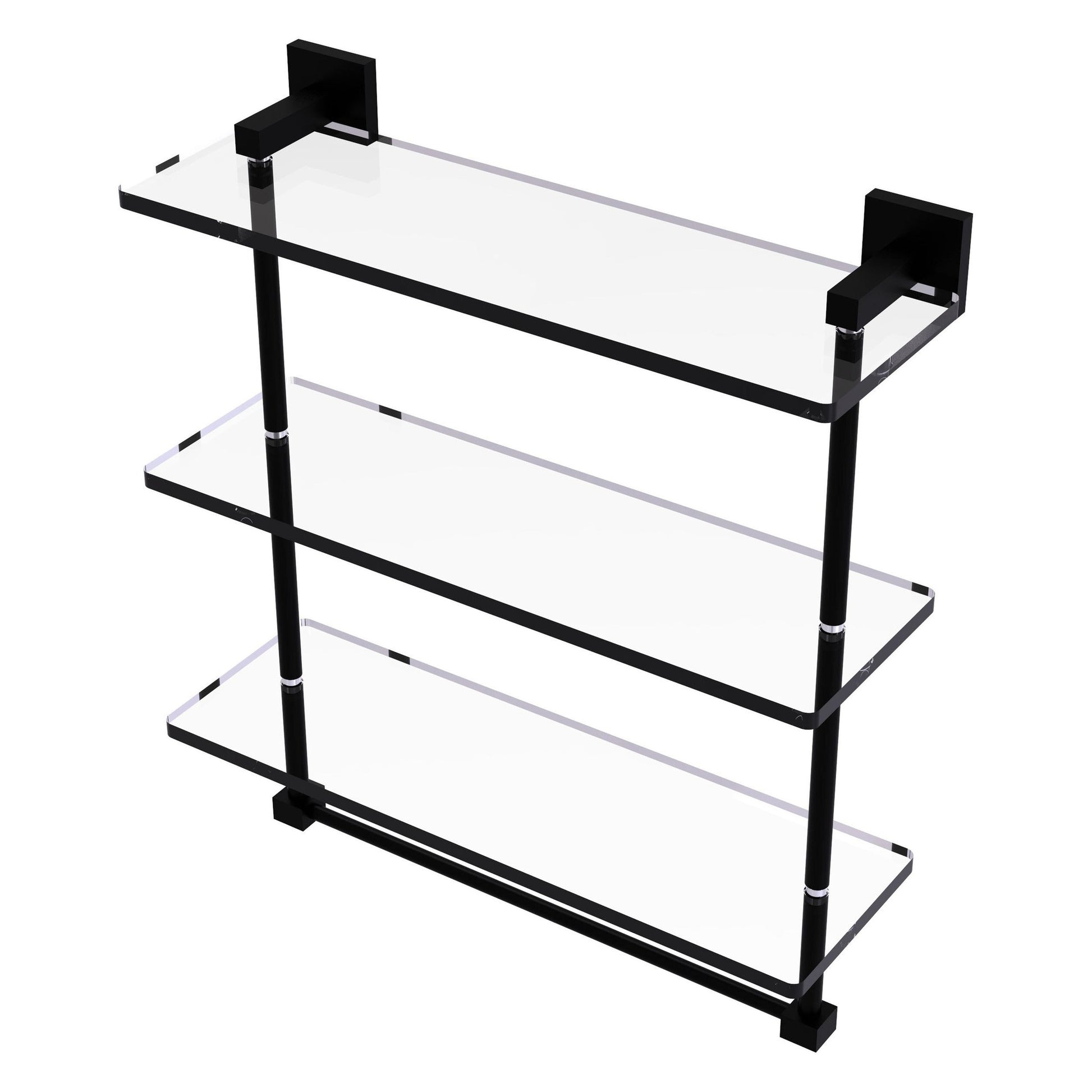 Allied Brass Montero 16" x 6.2" Matte Black Solid Brass Triple-Tiered Glass Shelf With Integrated Towel Bar