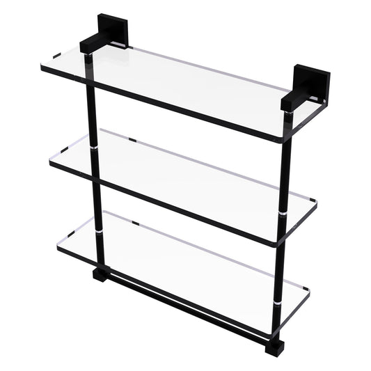 Allied Brass Montero 16" x 6.2" Matte Black Solid Brass Triple-Tiered Glass Shelf With Integrated Towel Bar