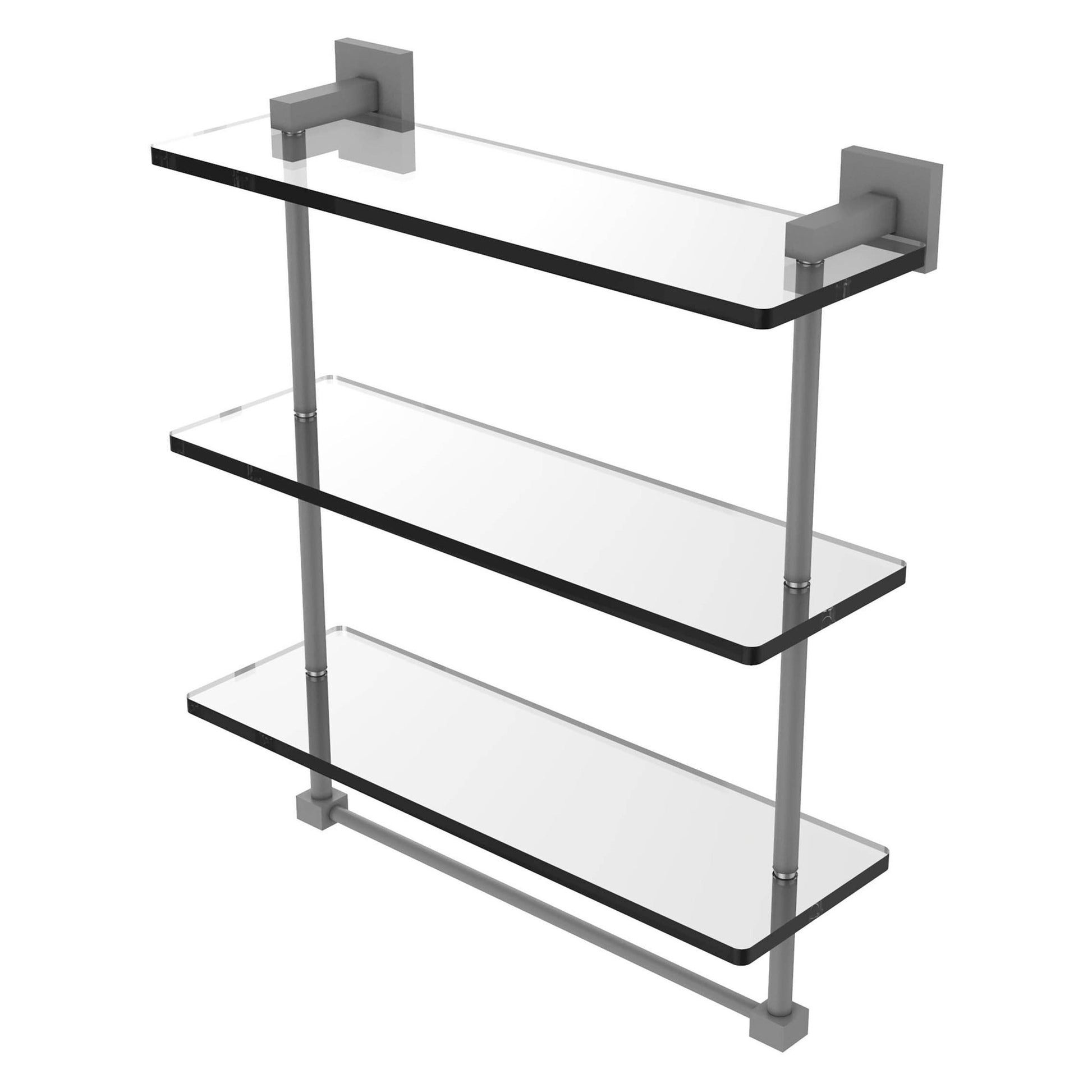Allied Brass Montero 16" x 6.2" Matte Gray Solid Brass Triple-Tiered Glass Shelf With Integrated Towel Bar