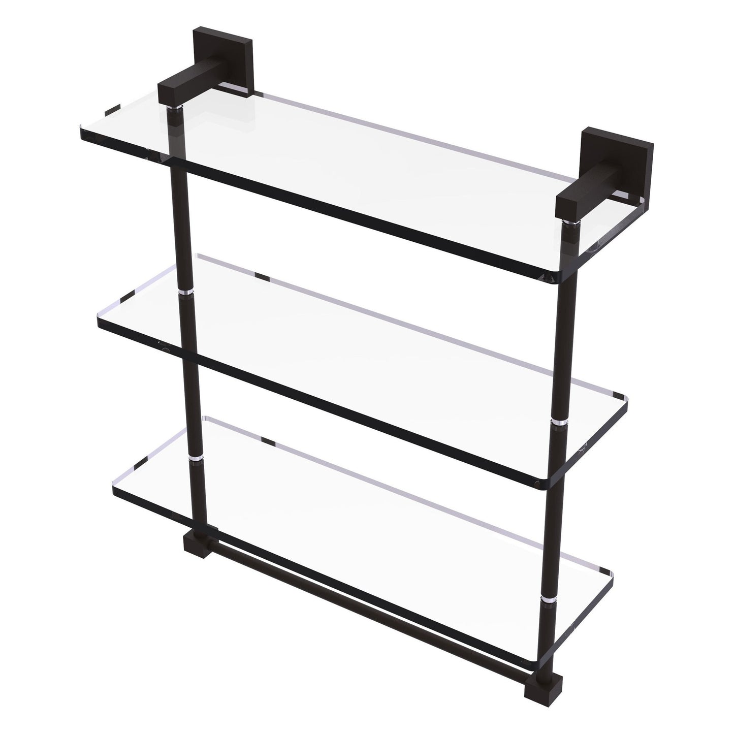 Allied Brass Montero 16" x 6.2" Oil Rubbed Bronze Solid Brass Triple-Tiered Glass Shelf With Integrated Towel Bar