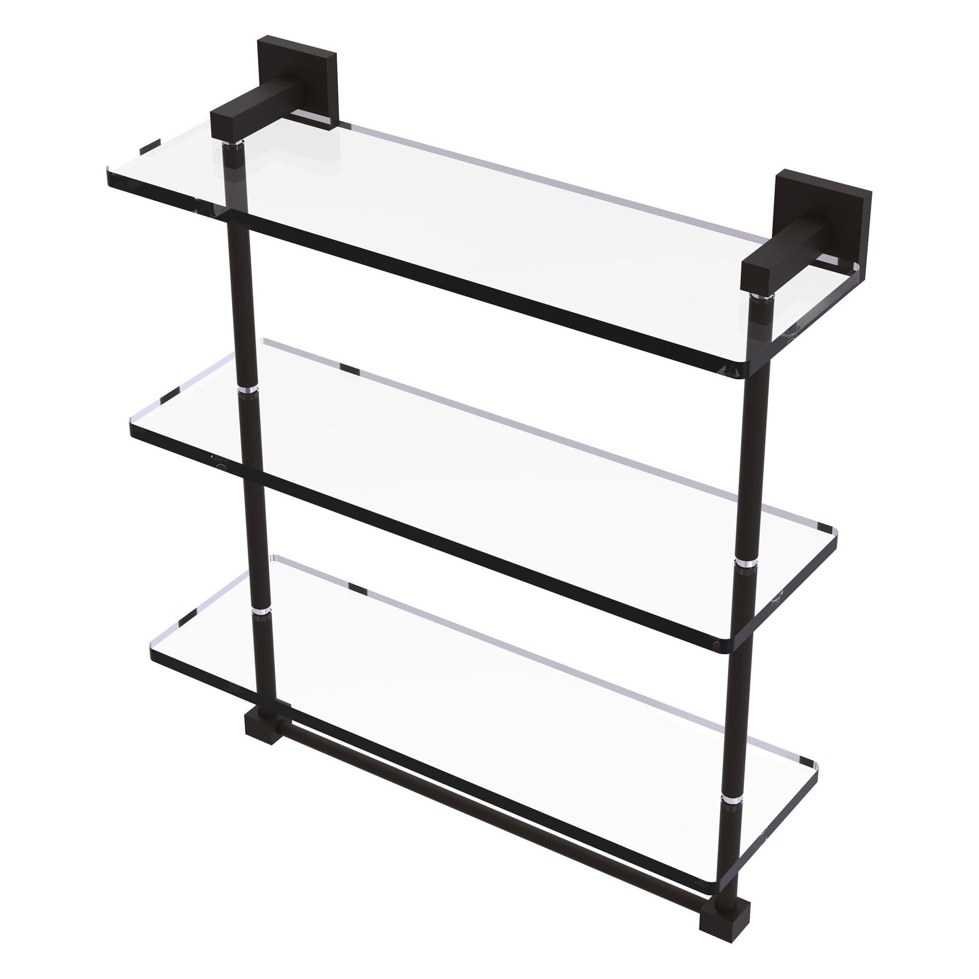 Allied Brass Montero 16" x 6.2" Oil Rubbed Bronze Solid Brass Triple-Tiered Glass Shelf With Integrated Towel Bar