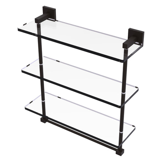 Allied Brass Montero 16" x 6.2" Oil Rubbed Bronze Solid Brass Triple-Tiered Glass Shelf With Integrated Towel Bar