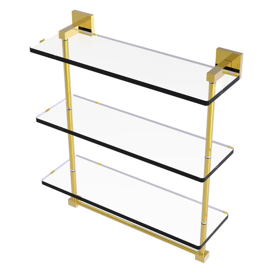 Allied Brass Montero 16" x 6.2" Polished Brass Solid Brass Triple-Tiered Glass Shelf With Integrated Towel Bar
