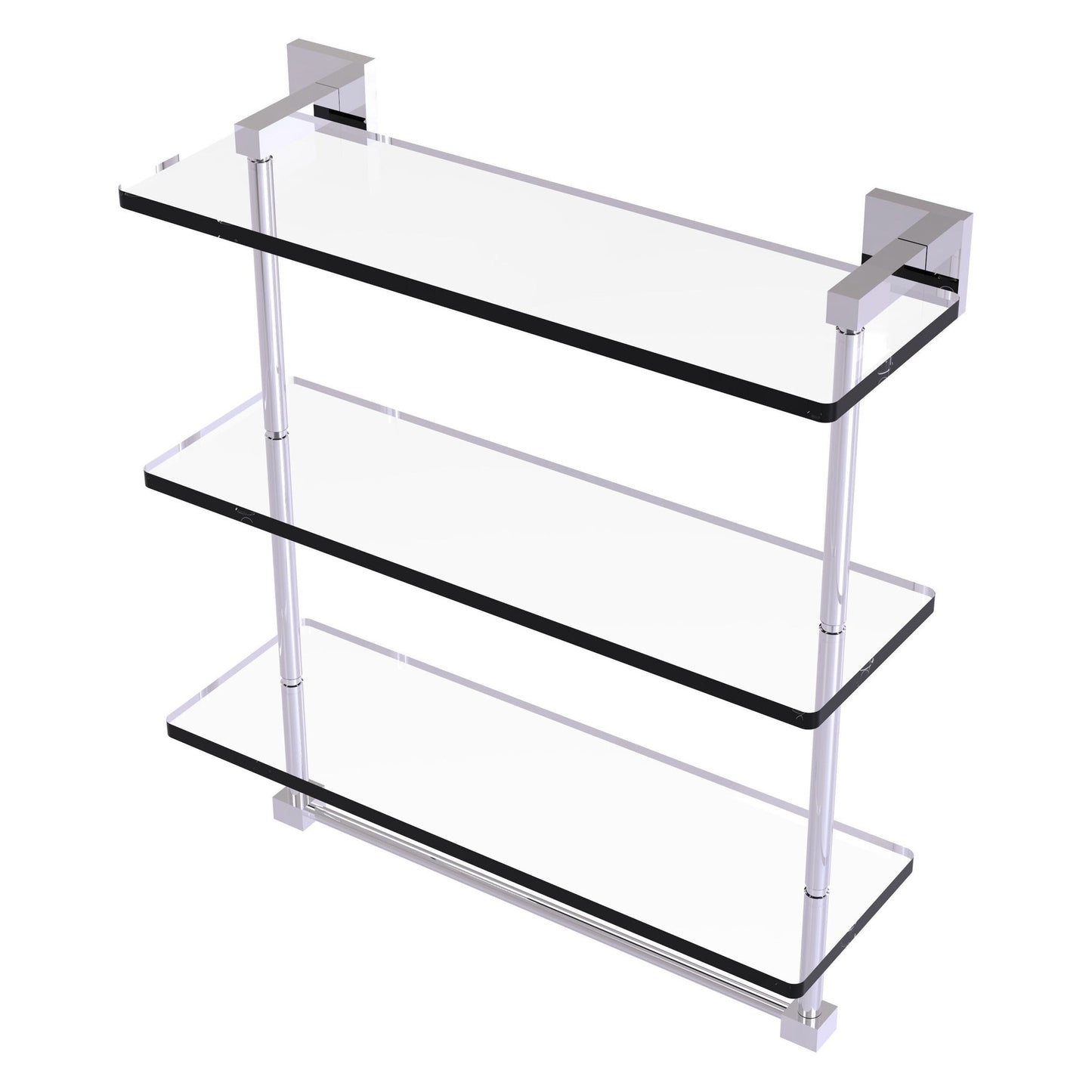 Allied Brass Montero 16" x 6.2" Polished Chrome Solid Brass Triple-Tiered Glass Shelf With Integrated Towel Bar