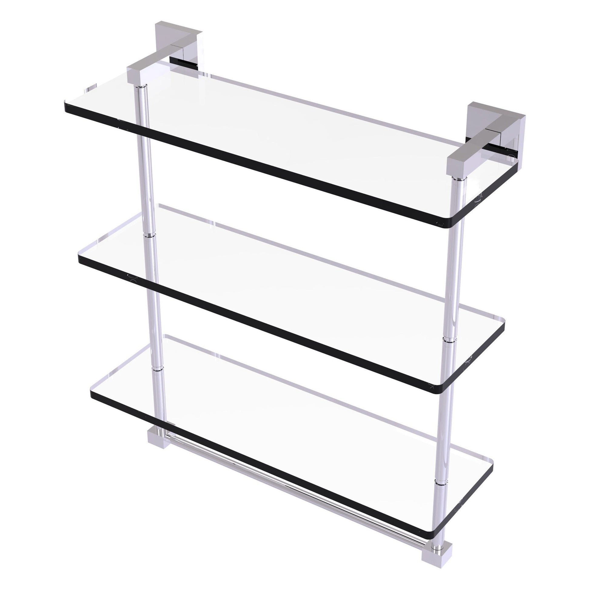 Allied Brass Montero 16" x 6.2" Polished Chrome Solid Brass Triple-Tiered Glass Shelf With Integrated Towel Bar