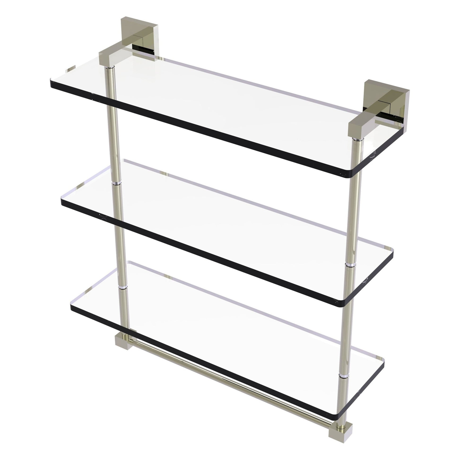 Allied Brass Montero 16" x 6.2" Polished Nickel Solid Brass Triple-Tiered Glass Shelf With Integrated Towel Bar