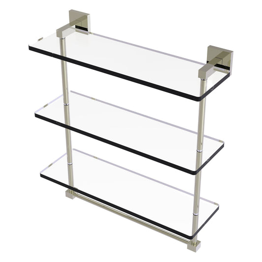 Allied Brass Montero 16" x 6.2" Polished Nickel Solid Brass Triple-Tiered Glass Shelf With Integrated Towel Bar