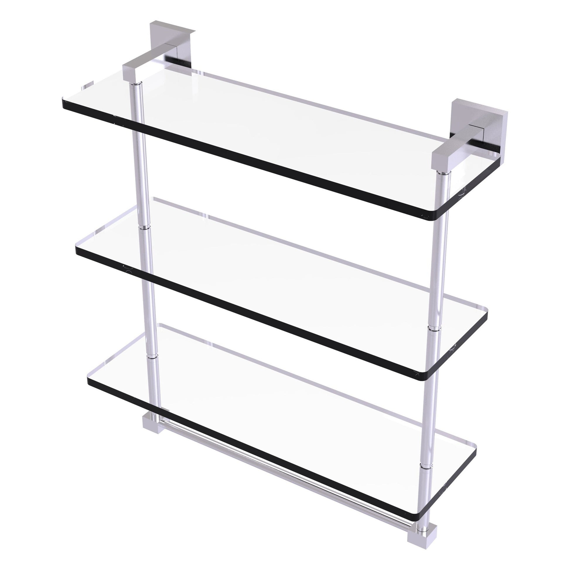 Allied Brass Montero 16" x 6.2" Satin Chrome Solid Brass Triple-Tiered Glass Shelf With Integrated Towel Bar