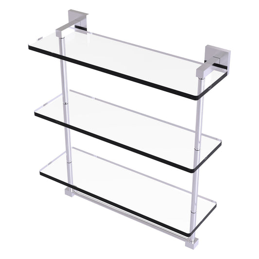 Allied Brass Montero 16" x 6.2" Satin Chrome Solid Brass Triple-Tiered Glass Shelf With Integrated Towel Bar