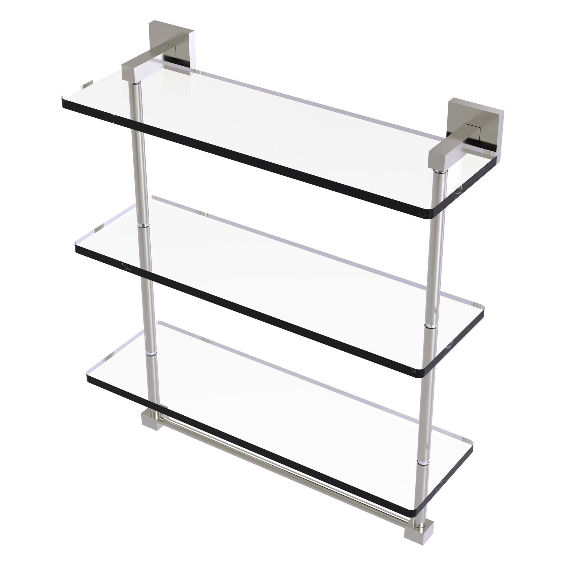 Allied Brass Montero 16" x 6.2" Satin Nickel Solid Brass Triple-Tiered Glass Shelf With Integrated Towel Bar