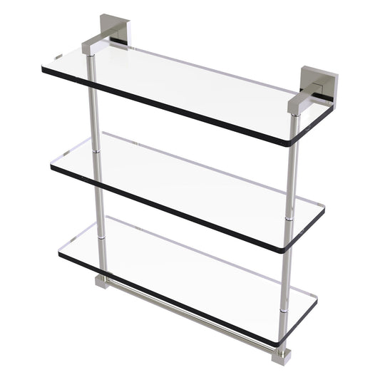 Allied Brass Montero 16" x 6.2" Satin Nickel Solid Brass Triple-Tiered Glass Shelf With Integrated Towel Bar