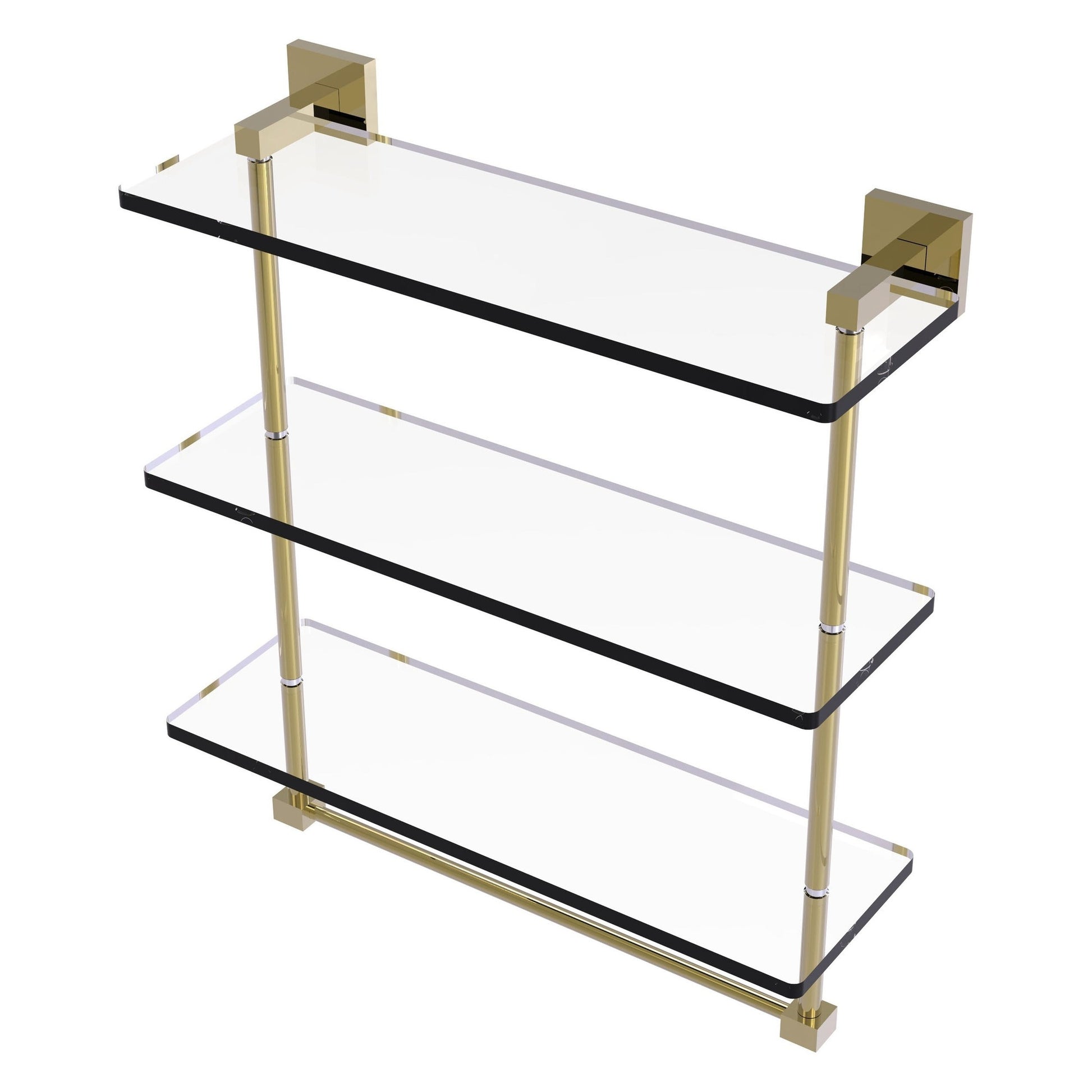 Allied Brass Montero 16" x 6.2" Unlacquered Brass Solid Brass Triple-Tiered Glass Shelf With Integrated Towel Bar