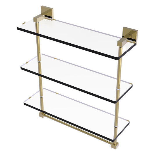Allied Brass Montero 16" x 6.2" Unlacquered Brass Solid Brass Triple-Tiered Glass Shelf With Integrated Towel Bar
