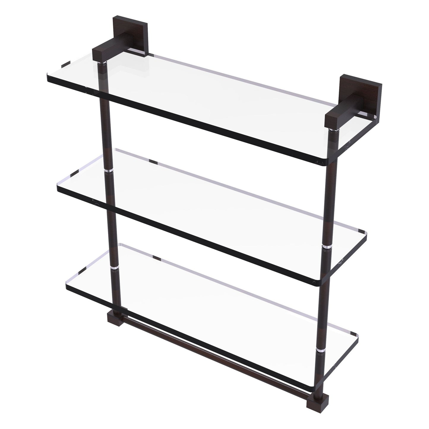 Allied Brass Montero 16" x 6.2" Venetian Bronze Solid Brass Triple-Tiered Glass Shelf With Integrated Towel Bar