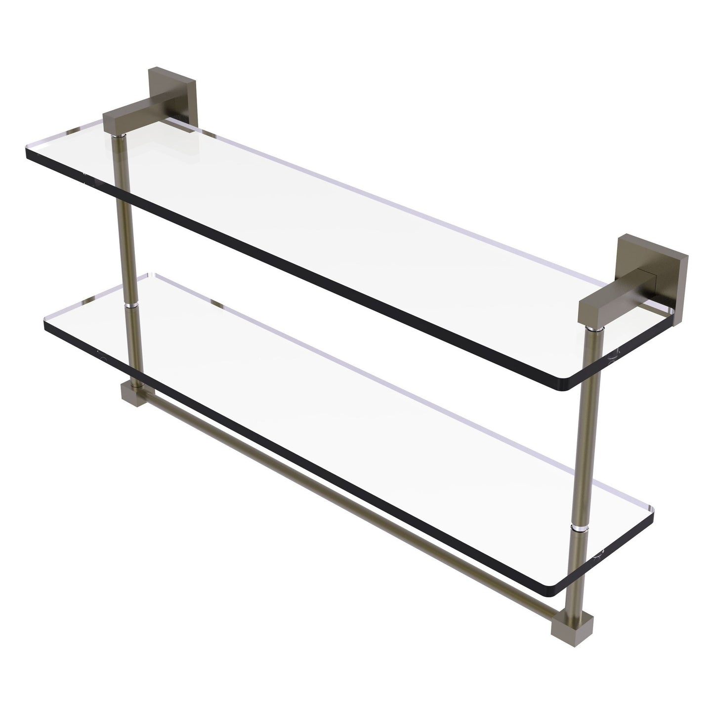 Allied Brass Montero 22" x 5.7" Antique Brass Solid Brass Two-Tiered Glass Shelf With Integrated Towel Bar