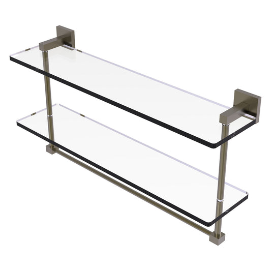 Allied Brass Montero 22" x 5.7" Antique Brass Solid Brass Two-Tiered Glass Shelf With Integrated Towel Bar