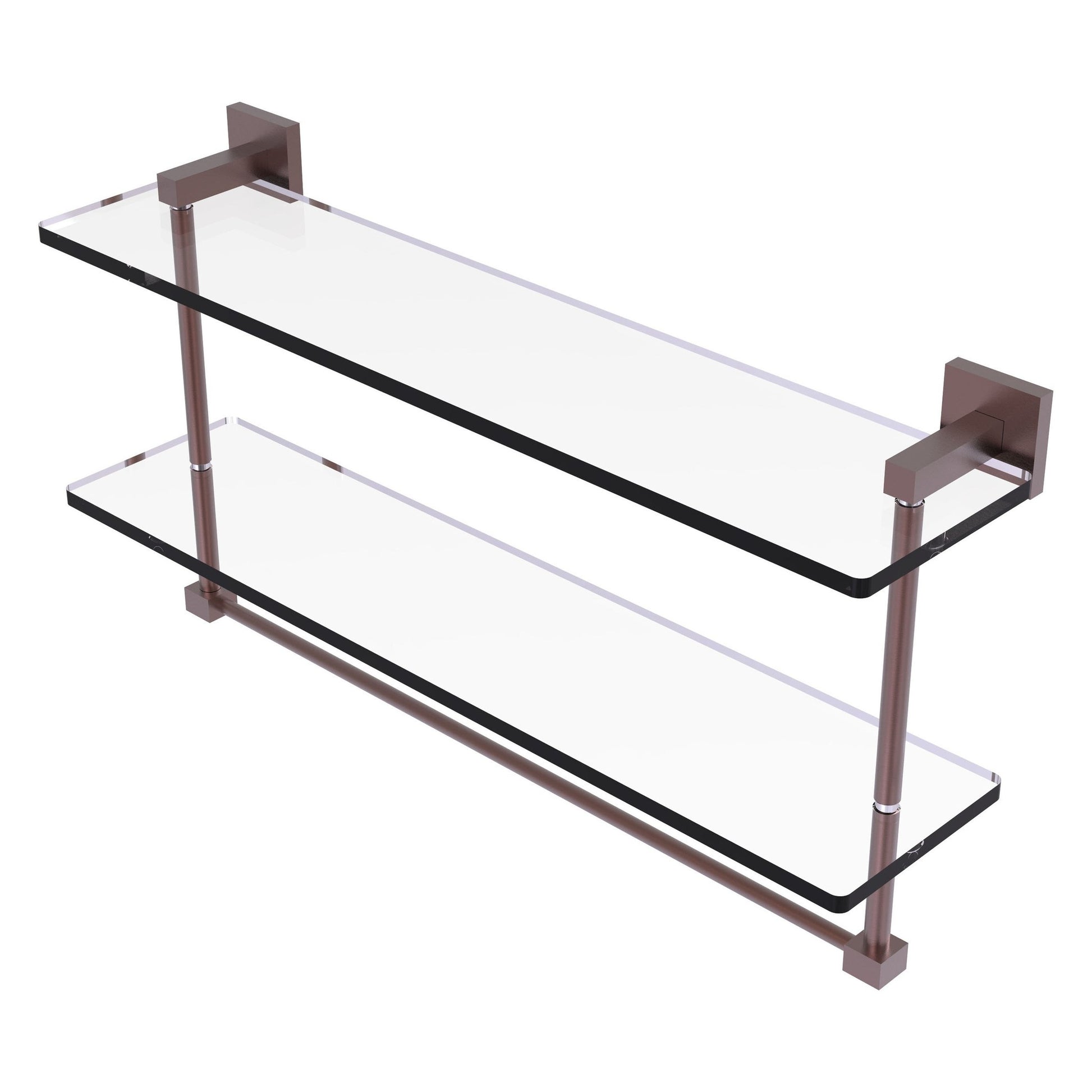 Allied Brass Montero 22" x 5.7" Antique Copper Solid Brass Two-Tiered Glass Shelf With Integrated Towel Bar