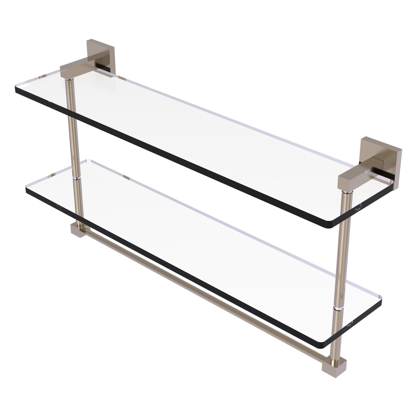 Allied Brass Montero 22" x 5.7" Antique Pewter Solid Brass Two-Tiered Glass Shelf With Integrated Towel Bar