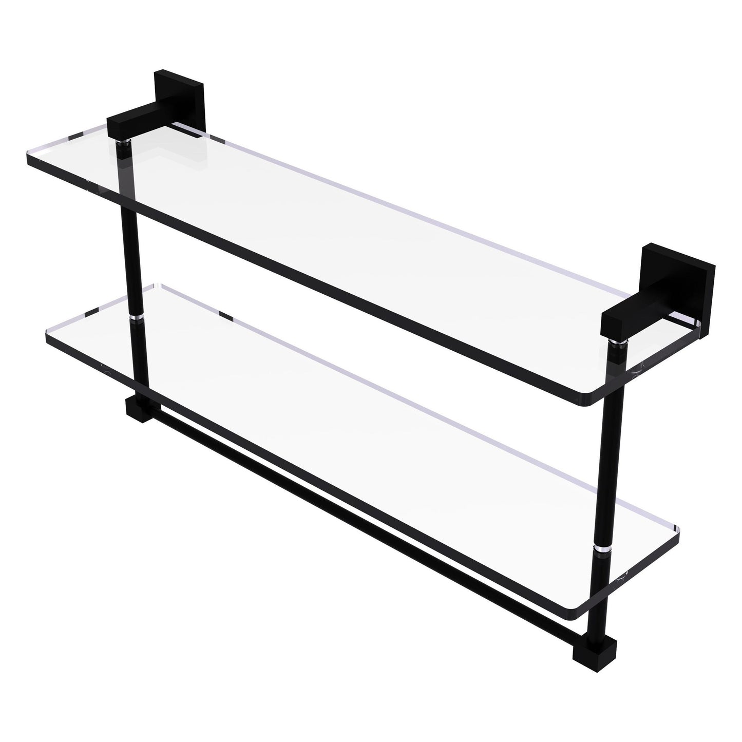 Allied Brass Montero 22" x 5.7" Matte Black Solid Brass Two-Tiered Glass Shelf With Integrated Towel Bar