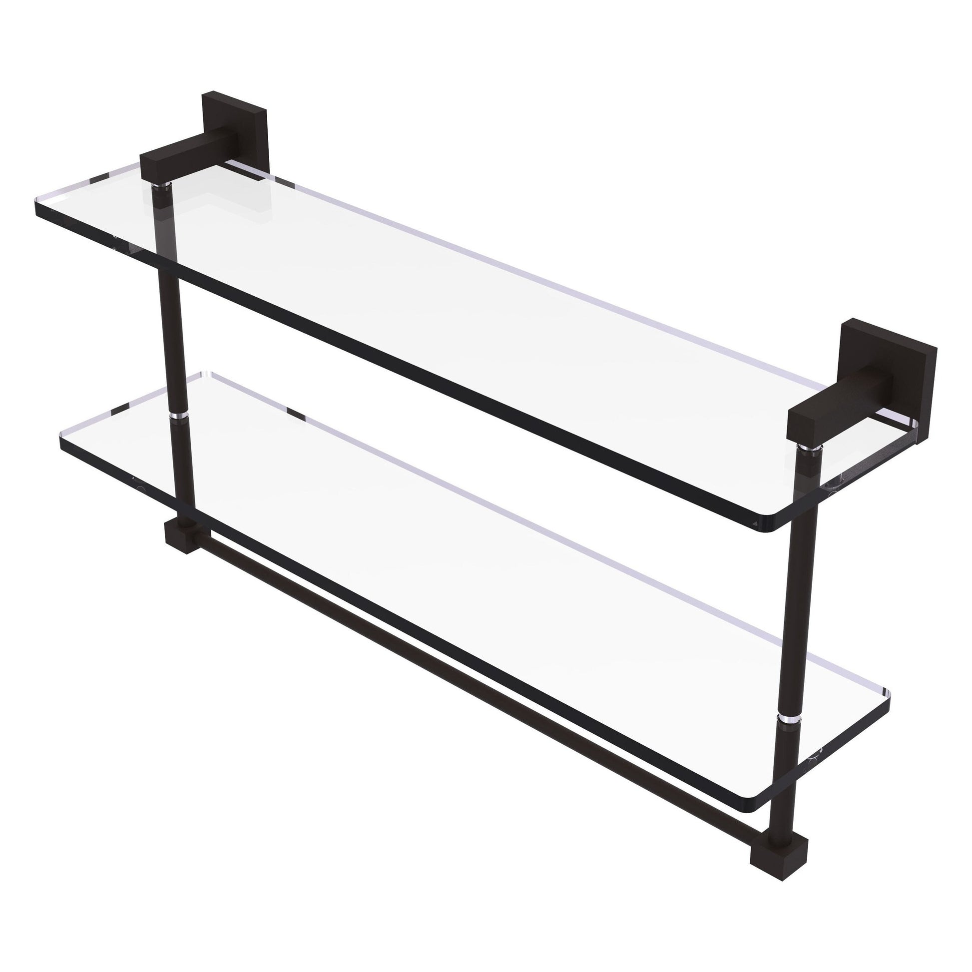 Allied Brass Montero 22" x 5.7" Oil Rubbed Bronze Solid Brass Two-Tiered Glass Shelf With Integrated Towel Bar