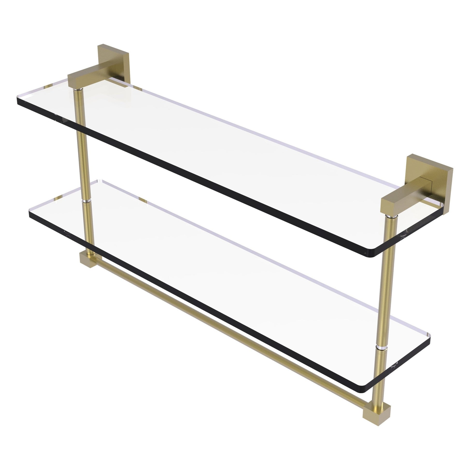 Allied Brass Montero 22" x 5.7" Satin Brass Solid Brass Two-Tiered Glass Shelf With Integrated Towel Bar
