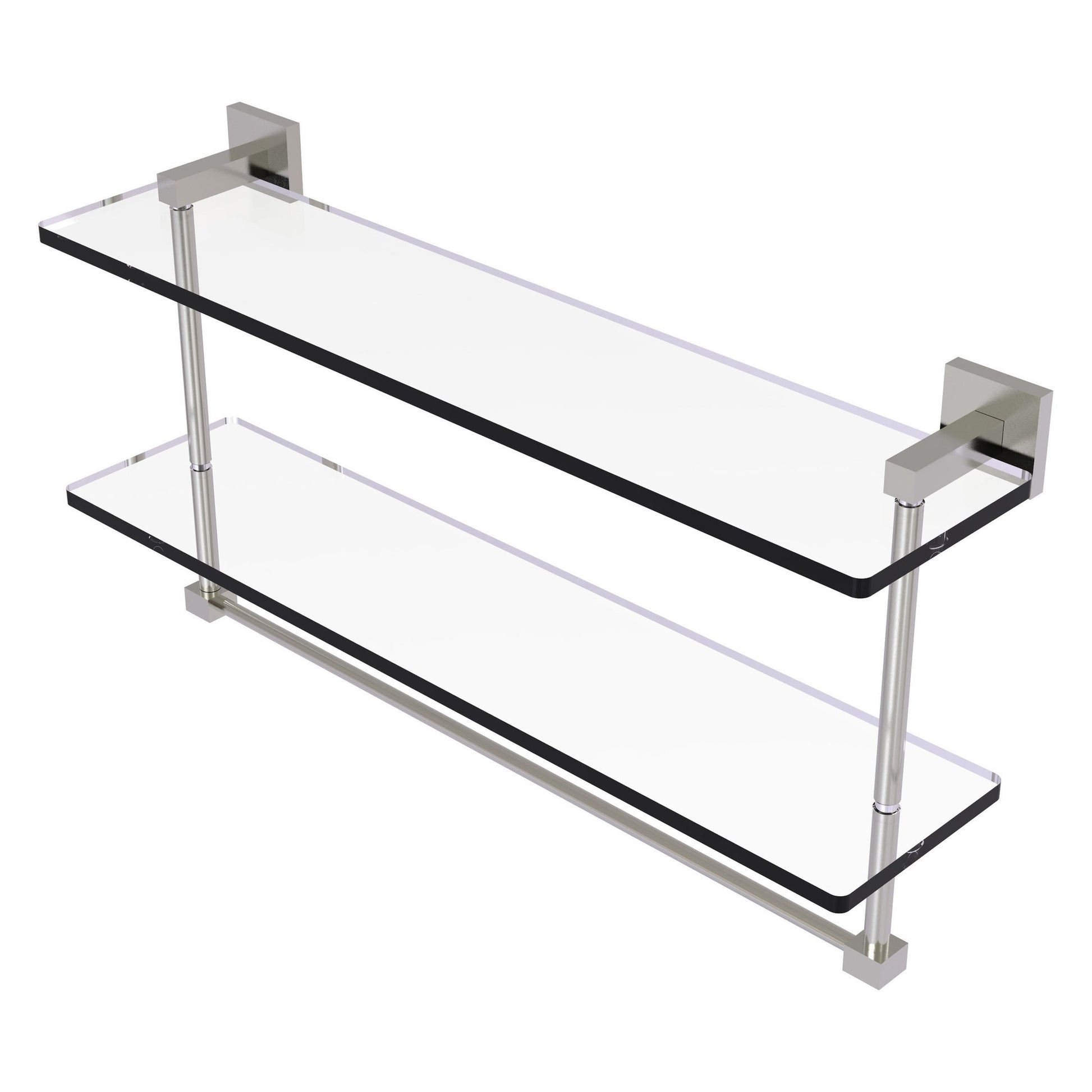 Allied Brass Montero 22" x 5.7" Satin Nickel Solid Brass Two-Tiered Glass Shelf With Integrated Towel Bar