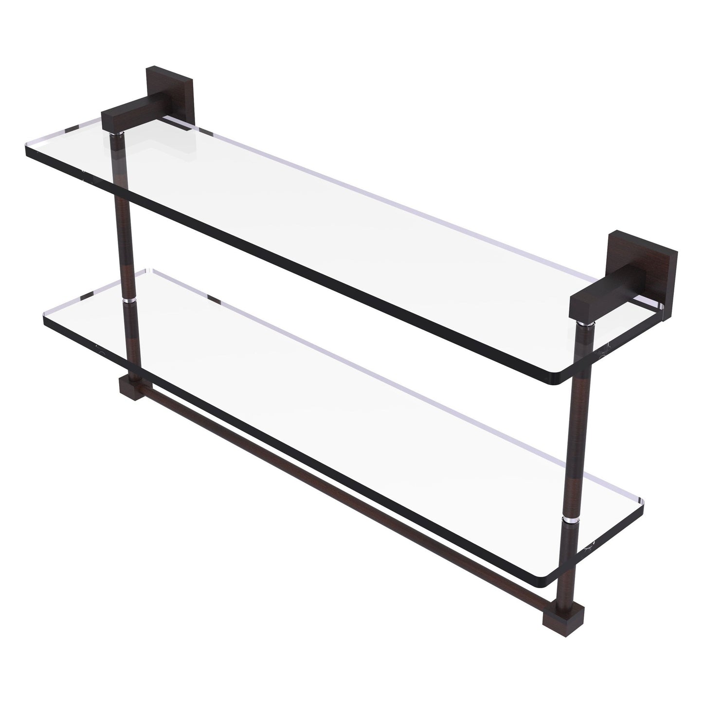 Allied Brass Montero 22" x 5.7" Venetian Bronze Solid Brass Two-Tiered Glass Shelf With Integrated Towel Bar