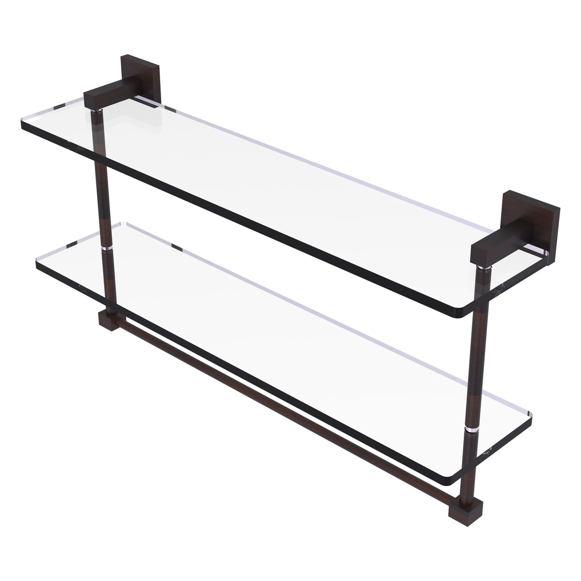 Allied Brass Montero 22" x 5.7" Venetian Bronze Solid Brass Two-Tiered Glass Shelf With Integrated Towel Bar