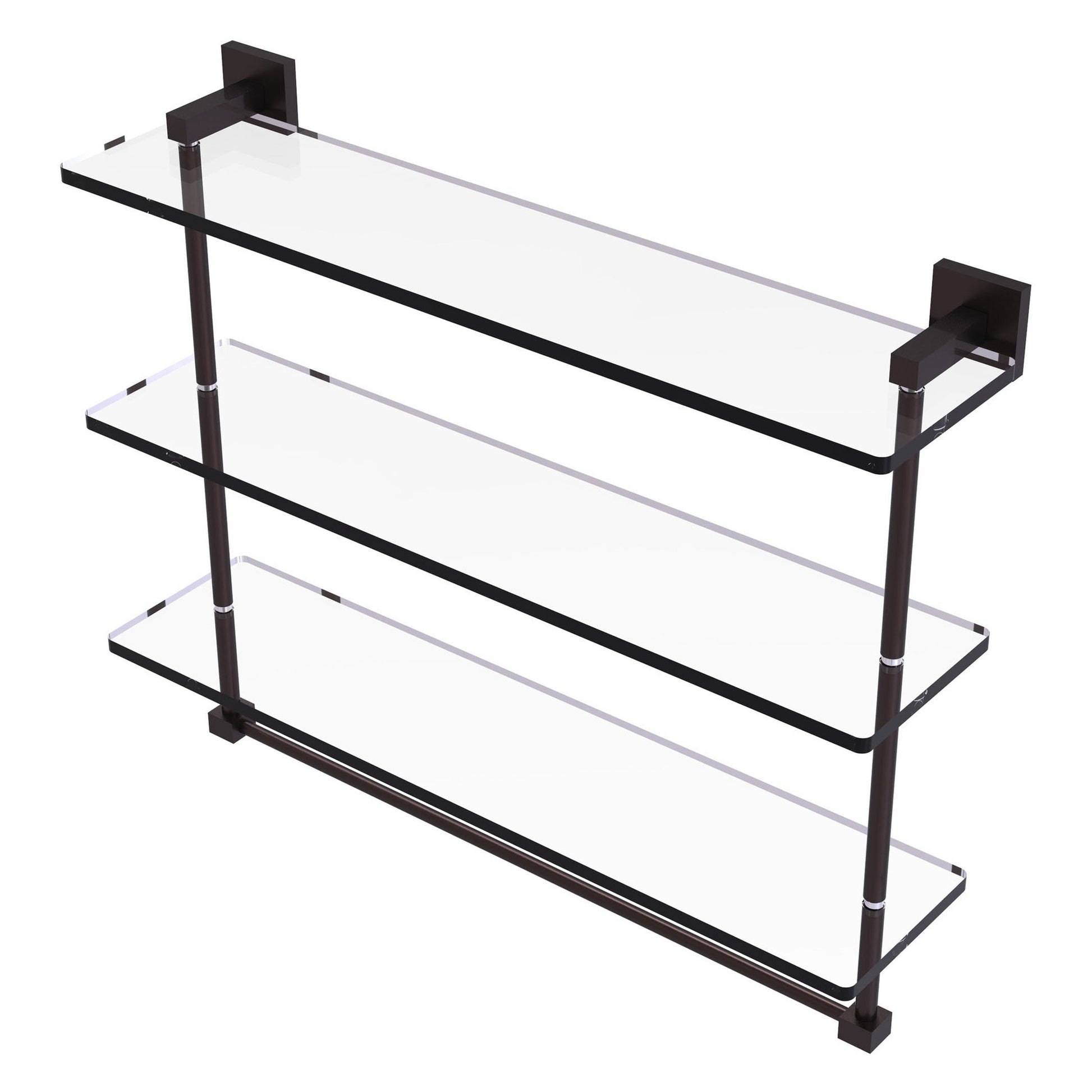 Allied Brass Montero 22" x 6.2" Antique Bronze Solid Brass Triple-Tiered Glass Shelf With Integrated Towel Bar