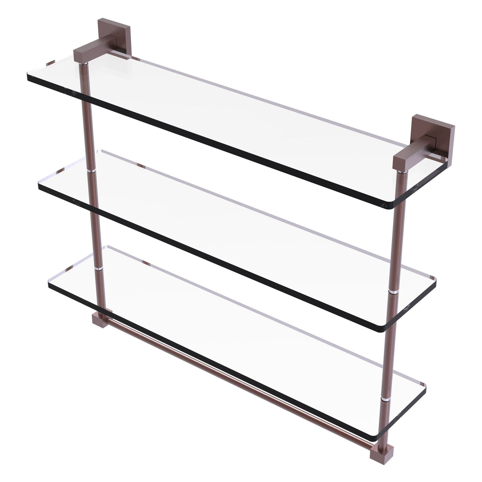 Allied Brass Montero 22" x 6.2" Antique Copper Solid Brass Triple-Tiered Glass Shelf With Integrated Towel Bar