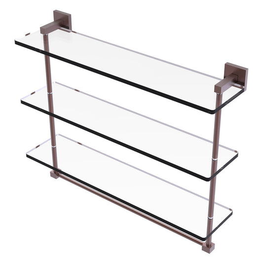 Allied Brass Montero 22" x 6.2" Antique Copper Solid Brass Triple-Tiered Glass Shelf With Integrated Towel Bar