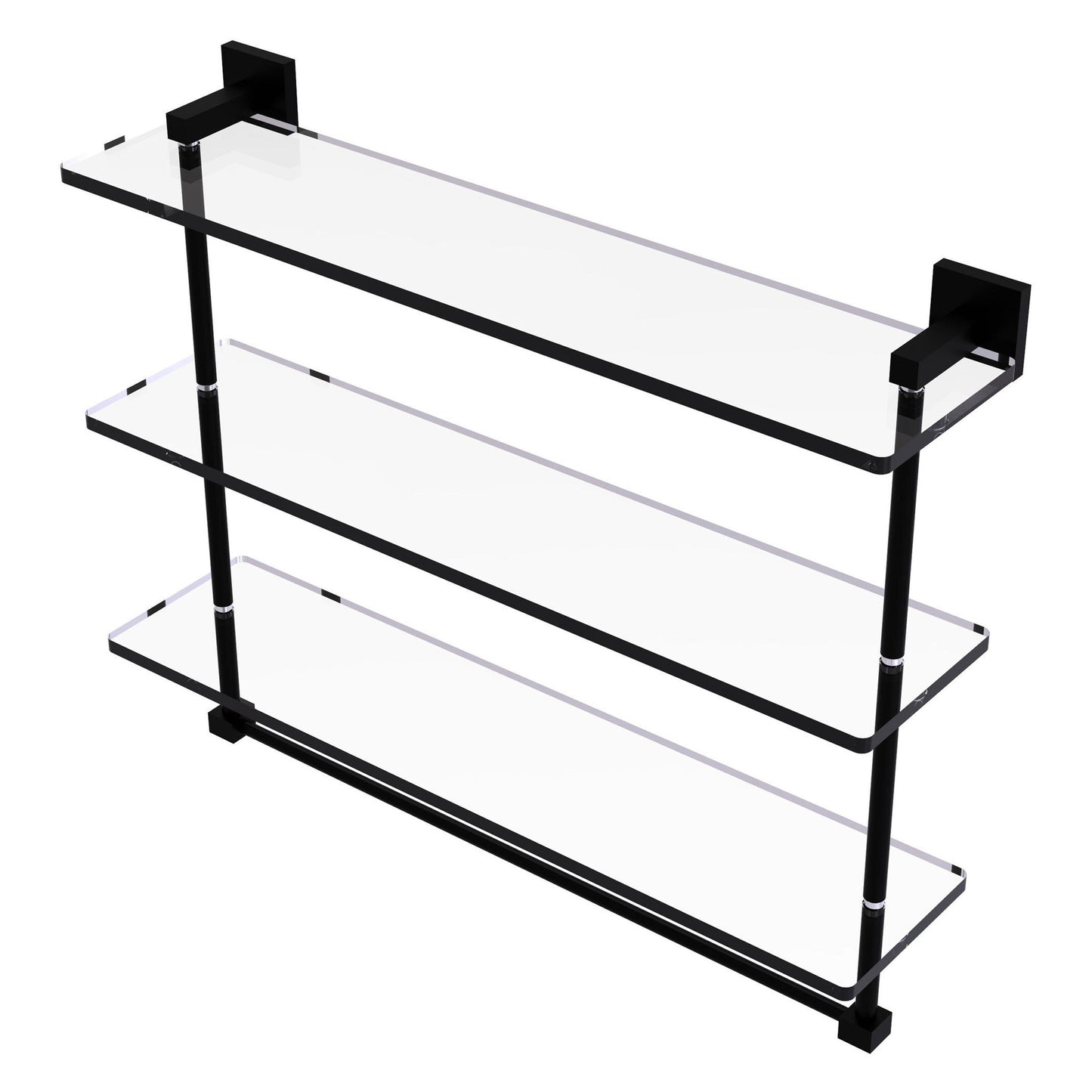 Allied Brass Montero 22" x 6.2" Matte Black Solid Brass Triple-Tiered Glass Shelf With Integrated Towel Bar