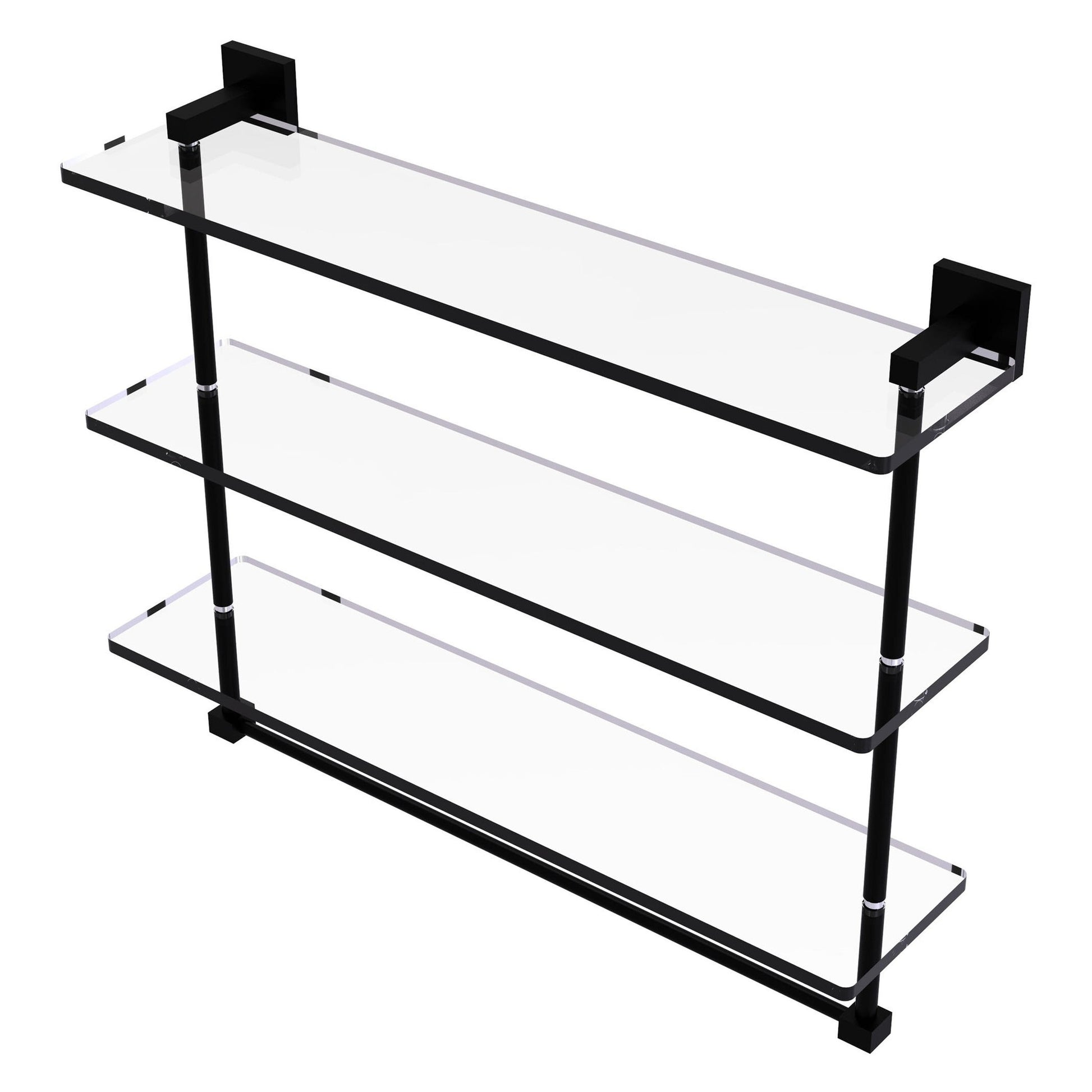 Allied Brass Montero 22" x 6.2" Matte Black Solid Brass Triple-Tiered Glass Shelf With Integrated Towel Bar