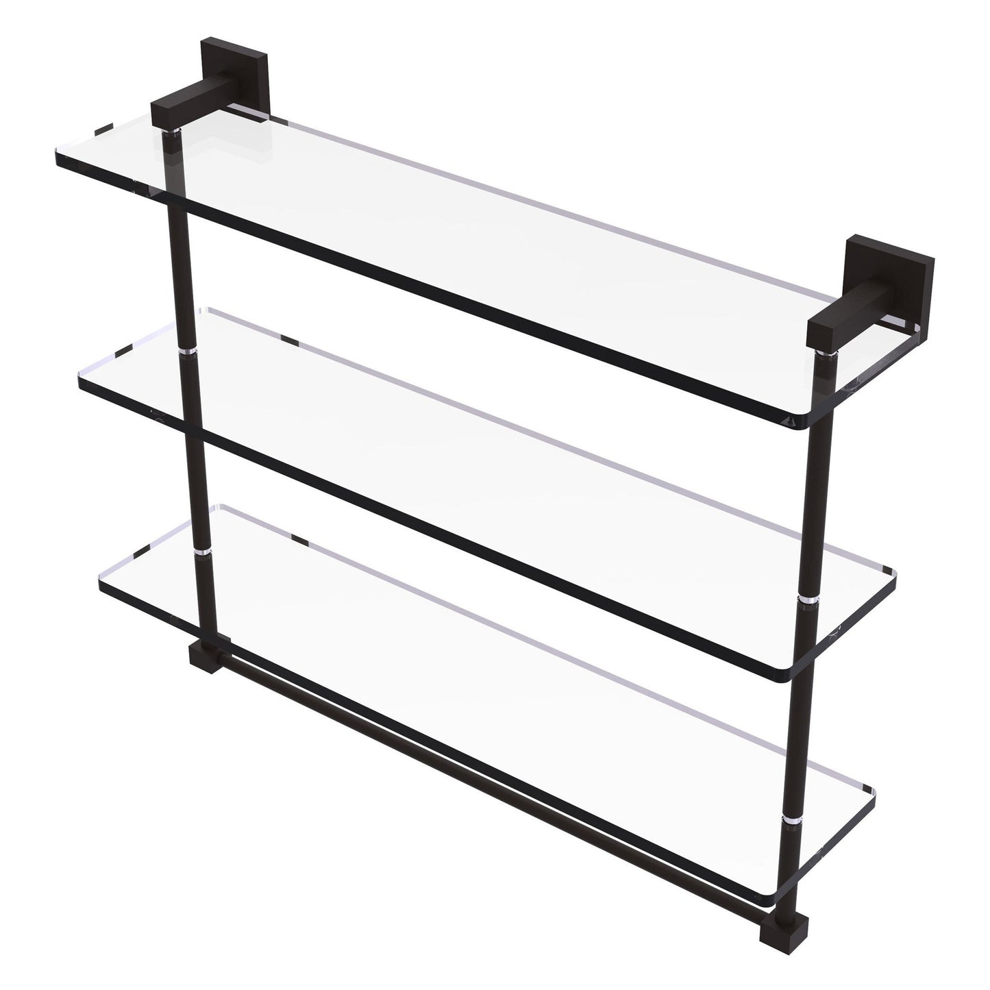 Allied Brass Montero 22" x 6.2" Oil Rubbed Bronze Solid Brass Triple-Tiered Glass Shelf With Integrated Towel Bar