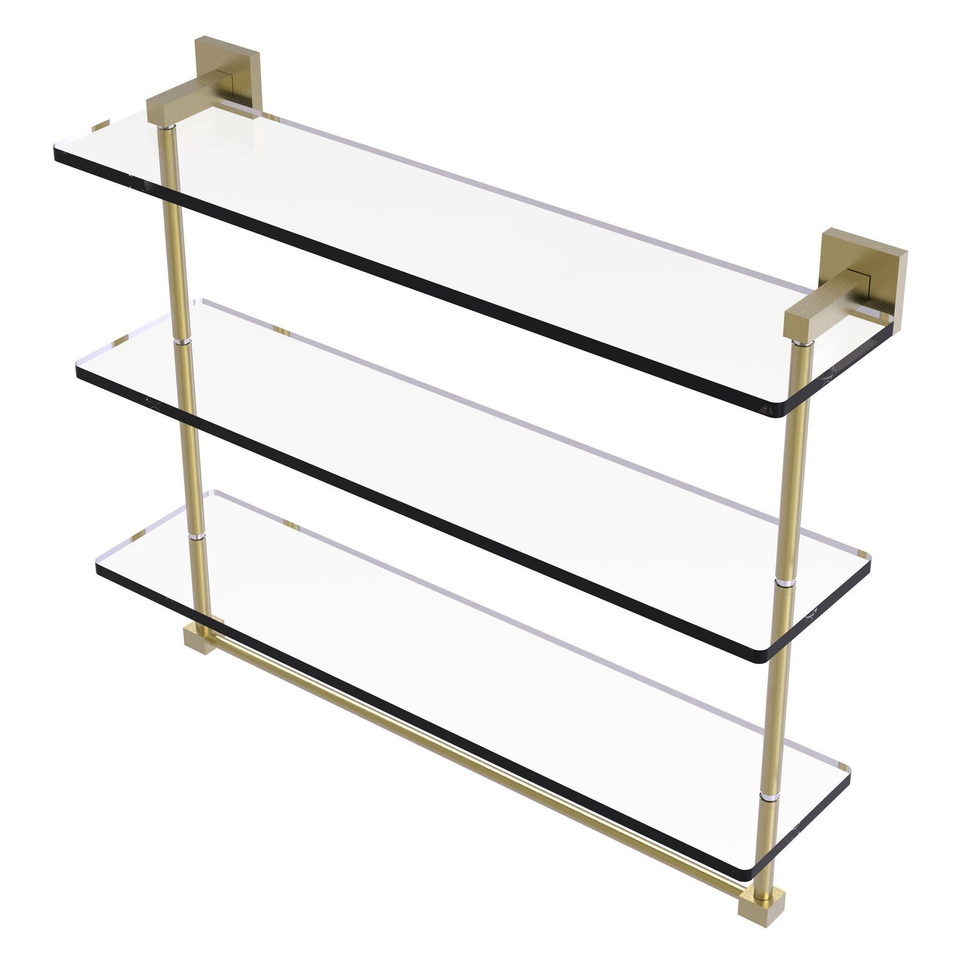 Allied Brass Montero 22" x 6.2" Satin Brass Solid Brass Triple-Tiered Glass Shelf With Integrated Towel Bar
